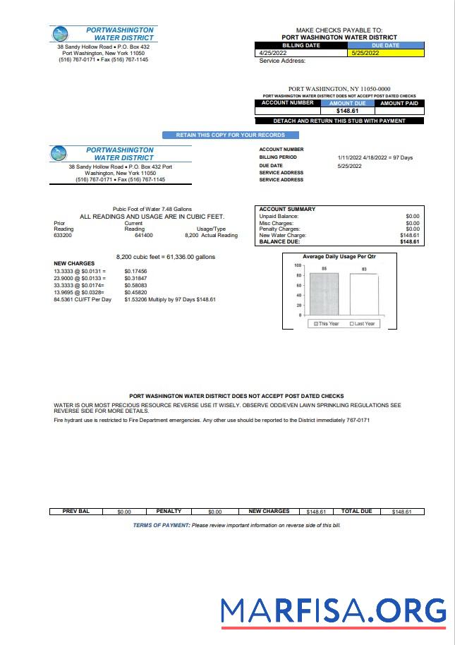 Printable USA New York Port Washington Water District utility bill template in Word and PDF format